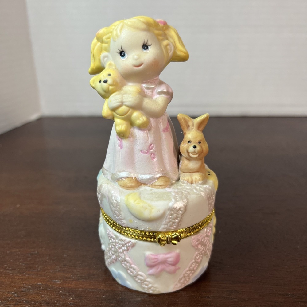 Vtg Porcelain Hinged Trinket Box Girl & Teddy Bear Jewelry Holder Tooth Fairy